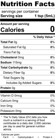 A nutrition label for The Olive Tap's Mean Jean Hot Sauce with a white background and black writing.