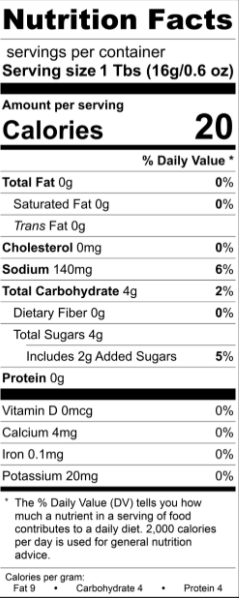Nutrition facts label for The Olive Tap's Merlot Wine Steak Sauce with serving size, calories, and various nutrient values on a white background with black writing.
