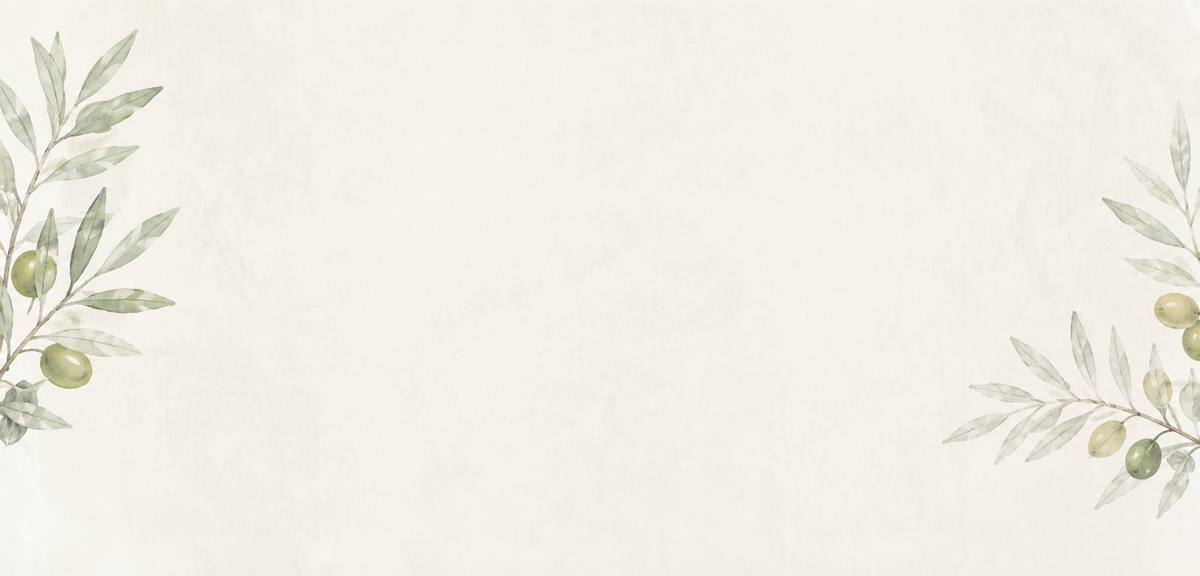 Decorative design with green leaves and olives on a light beige background