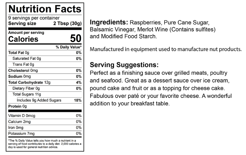 Nutrition facts label for The Olive Tap's Raspberry Merlot Balsamic Glaze that includes an ingredients list, serving suggestions, and manufacturing equipment warning on a white background with black writing.