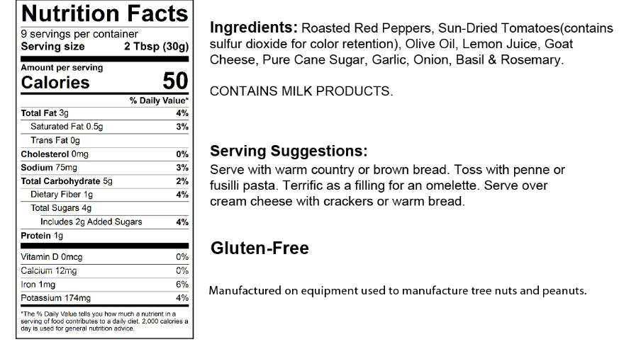 Nutrition facts label for The Olive Tap's Roasted Red Pepper and Goat Cheese Tapenade that includes an ingredients list, serving suggestions, milk warning, gluten-free label, and manufacturing equipment warning on a white background with black writing.