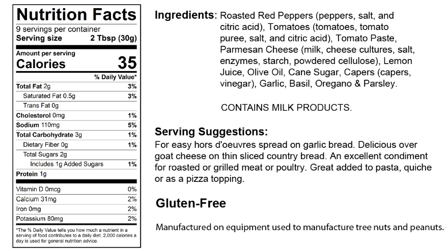 Nutrition facts label for The Olive Tap's Roasterd Red Pepper Parmesan Tapenade that includes an ingredients list, serving suggestions, and manufacturing equipment warning, gluten-free label, milk product warning, on a white background with black writing.