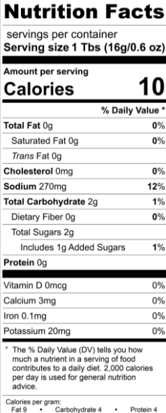 Nutrition facts label for The Olive Tap's Robust Ribeye Steak Sauce with serving size, calories, and nutritional content on a white background with black writing