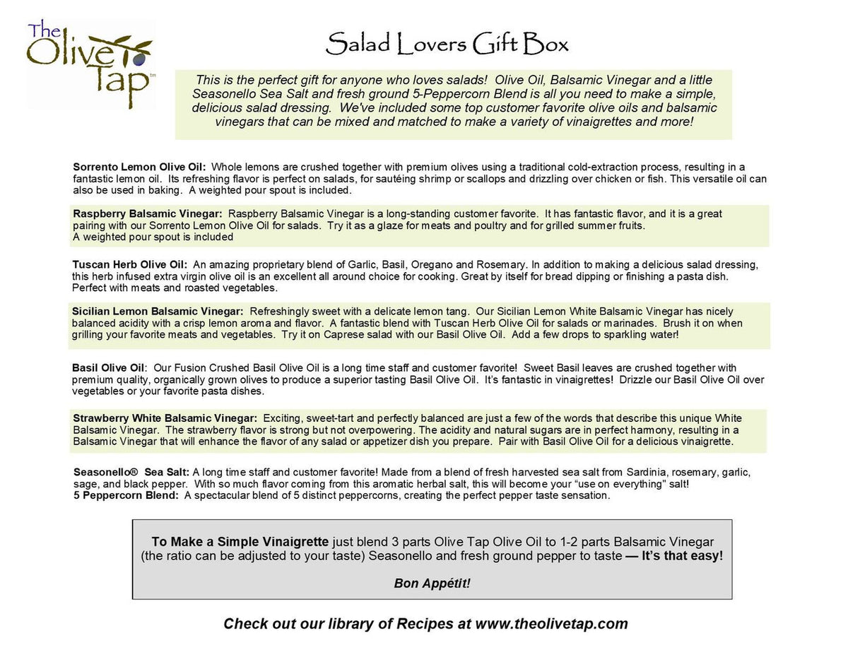 Salad Lovers Insert from The Olive Tap: A list of the products included with their descriptions and a recipe for a simple vinaigrette.