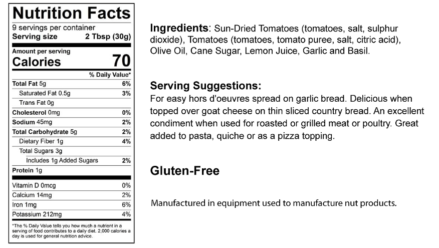 Nutrition facts label for The Olive Tap's Sun-Dried Tomato and Basil Bruschetta Topping that includes an ingredients list, serving suggestions, and manufacturing equipment warning on a white background with black writing.