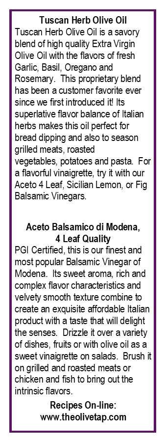 Taste of Italy Insert from The Olive Tap: A description of the olive oil and a description of the balsamic vinegar that are included in the box in black writing and white background with a purple frame around the descriptions.