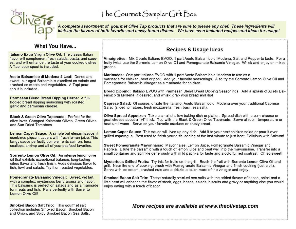 The Gourmet Sampler Gift Box Insert from The Olive Tap that includes what products are inside of the box and their descriptions, and recipe and usage ideas.