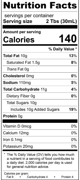Nutrition facts label for The Olive Tap's Vidalia Onion Peppercorn Dressing with serving size, calories, and nutritional content on a white background with black writing.