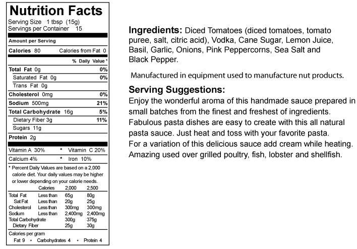 Nutrition facts label for The Olive Tap's Vodka Pink Peppercorn Pasta Sauce that includes an ingredients list, serving suggestions, and manufacturing equipment warning on a white background with black writing.
