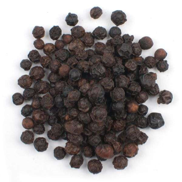 Smoked Black Peppercorns from The Olive Tap:  A pile of fresh black, smoked peppercorns on a white background.