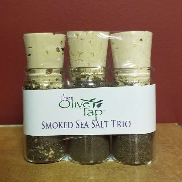 Smoke Sea Salt Trio from The Olive Tap: Three glass bottles of smoked sea salts, sealed with corks.