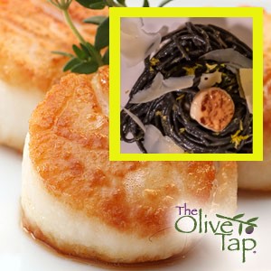 Spooky Eyeball Scallops in Paprika over Squid Ink Pasta